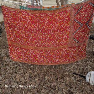 Kantha Quilt Red Yellow Floral Green 55" x 84" Premium 3 Layer Cotton K72.